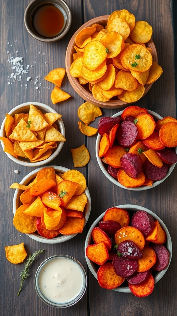 A variety of homemade chips including potato, tortilla, sweet potato, and beet chips on a wooden table with dipping sauces.